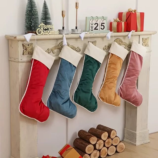 Velvet Christmas Stockings With Pom Pom Trim